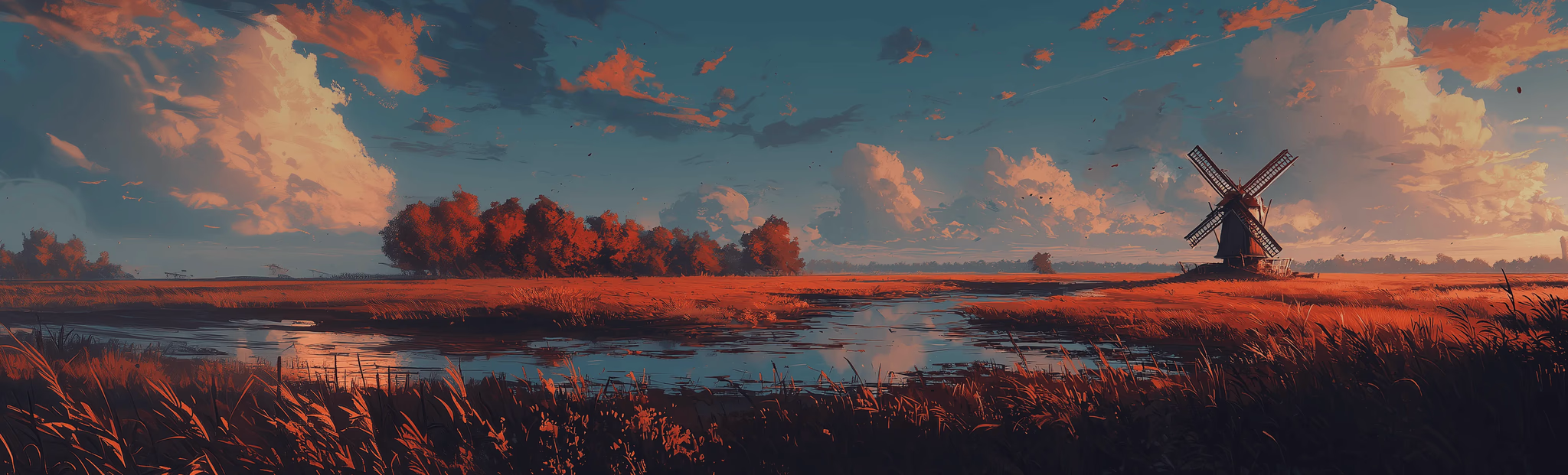 Illustrated landscape at sunset
